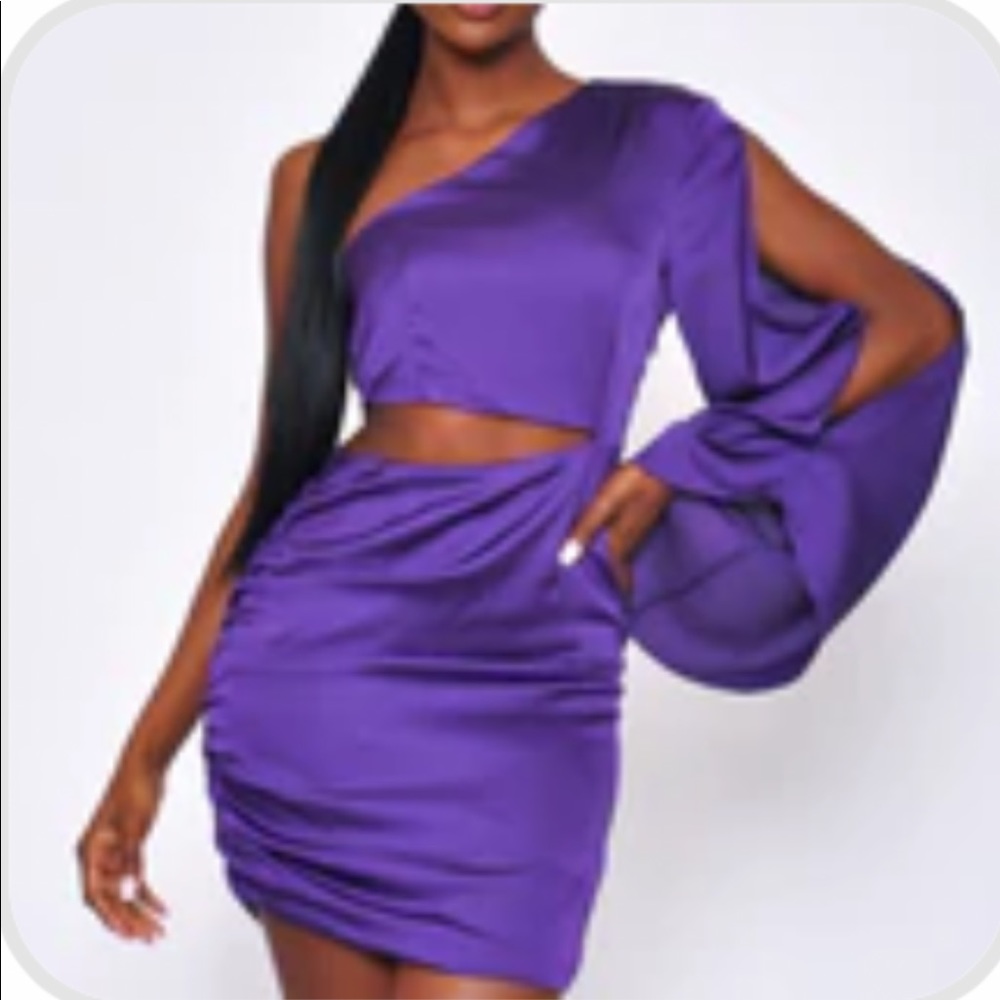 Dee Elly long sleeve slit one shoulder satin cutout dress